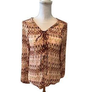 Jessica Simpson Chiffon Boho Print Long Sleeve Top Earth Tones M